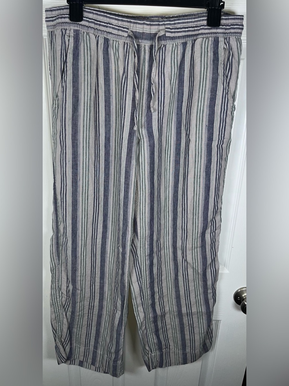 Women’s LL L.L. Bean 100% Linen Pants Blue Striped Elastic Pull On 12 Petite